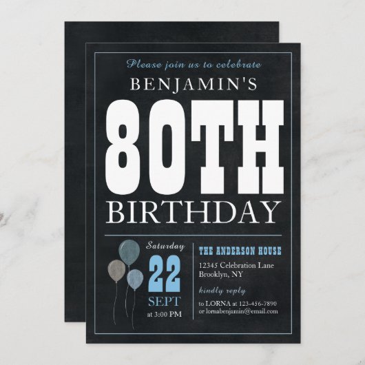 Invitation 80e anniversaire Chalkboard Blue Balloon Rustic Ch (Devant / Derrière)