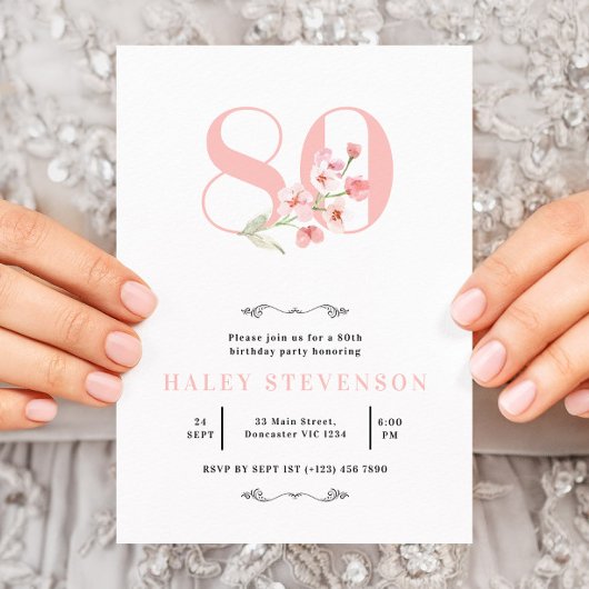 Invitation 80e anniversaire Chic simple rose & blanc Floral