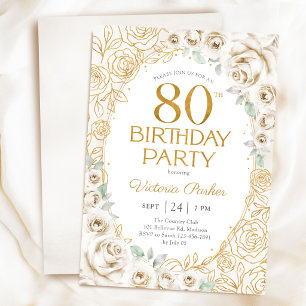 Invitation 80e Anniversaire Crème Or Floral Féminin