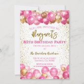 Invitation 80e anniversaire de fête Ballons roses (Devant)