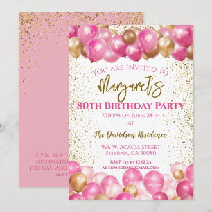 Invitation 80e anniversaire de fête Ballons roses