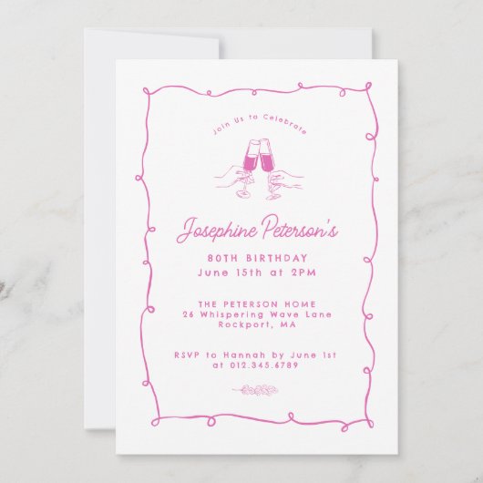 Invitation 80e Anniversaire de fête Doodle Whimsical Rose (Devant)