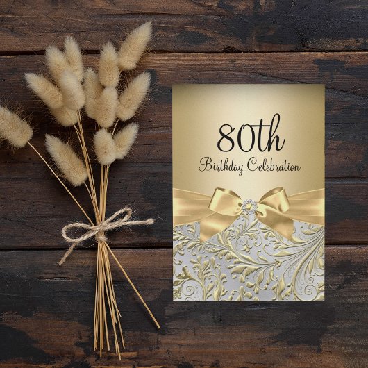 Invitation 80e anniversaire de fête Elegant Gold Bow Floral S