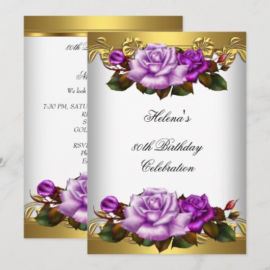 Invitation 80e anniversaire de fête Elégant Roses d'or violet (Devant / Derrière)