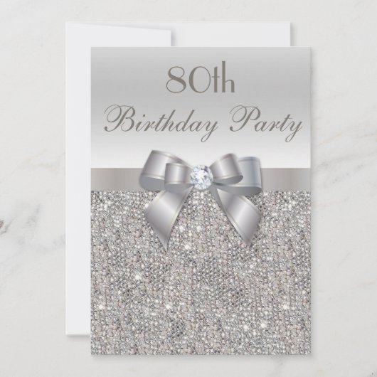 Invitation 80e anniversaire de fête Séquins d'argent, Bow & D (Devant)