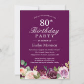 Invitation 80e anniversaire de la fête Plum violet Blush Flor (Dos)