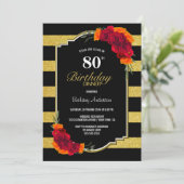 Invitation 80e anniversaire Dîner or rayé rouge floral (Debout devant)