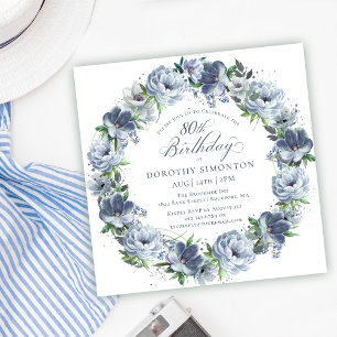Invitation 80e anniversaire Dusty Blue Flower Wreath