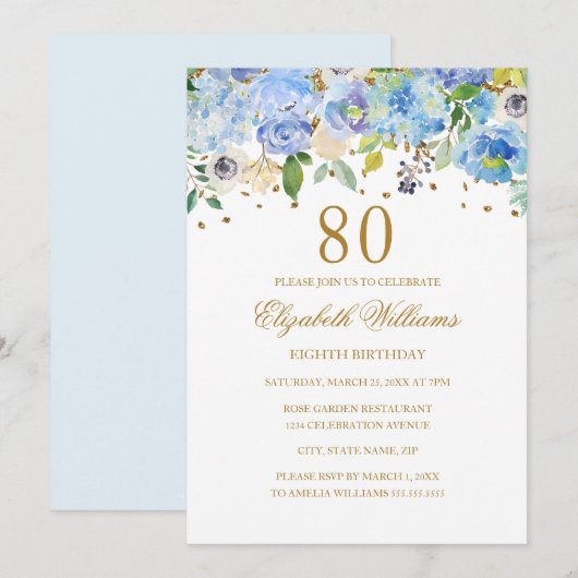 Invitation 80e anniversaire Elégant Blue Gold Floral Invitati (Devant / Derrière)