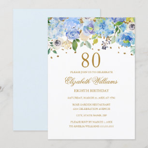Invitation 80e anniversaire Elégant Blue Gold Floral Invitati