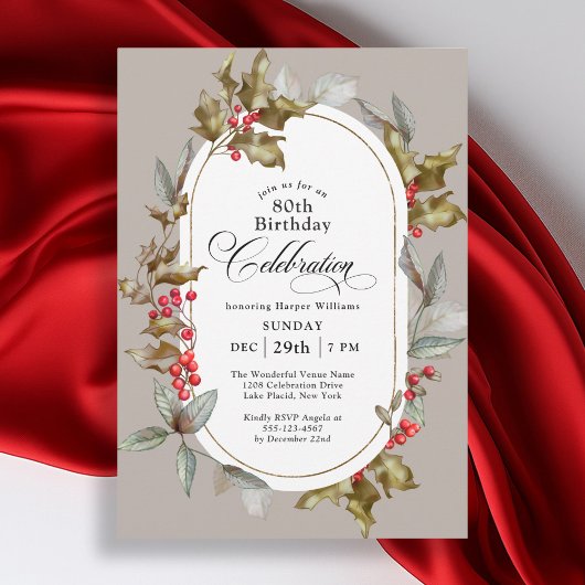 Invitation 80e anniversaire Elegant Holly et Berry Botanical