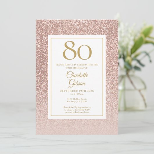 Invitation 80e anniversaire Elegant Rose Parties scintillant  (Debout devant)