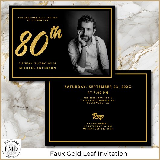 Invitation 80e anniversaire Elégante photo Black Gold