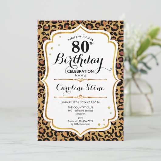 Invitation 80e anniversaire - Empreinte de léopard d'or (Debout devant)