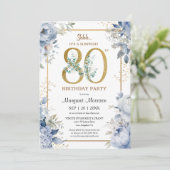 Invitation 80e anniversaire fête Elégante Dusty Blue Floral (Debout devant)