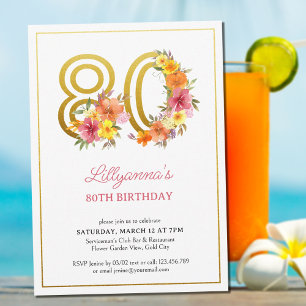 Invitation 80e Anniversaire Fête Plutôt Floral Gold Numéro 80