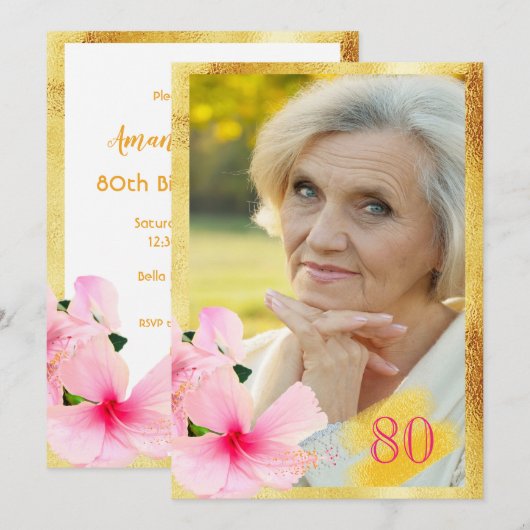 Invitation 80e anniversaire fête rose floral blanc photo (Devant / Derrière)