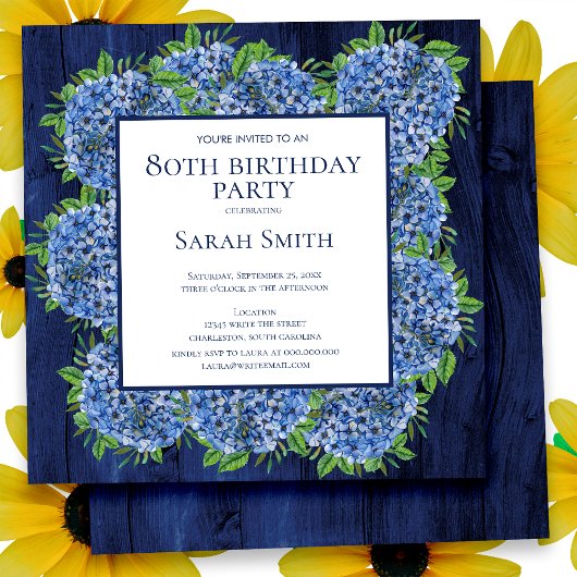 Invitation 80e Anniversaire Fête Rustique Bois Hydrangeas Ble