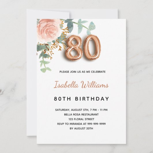 Invitation 80e anniversaire fleuri rose or eucalyptus vert (Devant)