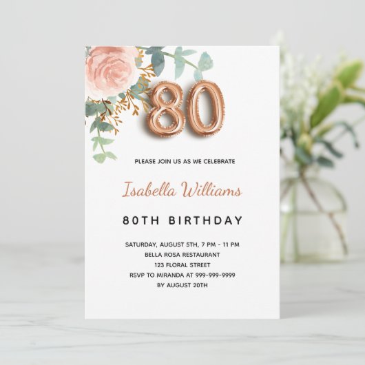Invitation 80e anniversaire fleuri rose or eucalyptus vert (Debout devant)