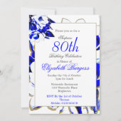 Invitation 80e anniversaire floral bleu et blanc printemps él (Devant)