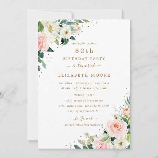 Invitation 80e anniversaire Floral Blush Gold (Devant)