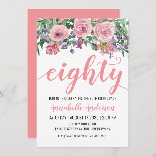 Invitation 80e anniversaire Floral Blush Rose Aquarelle Rusti (Devant / Derrière)