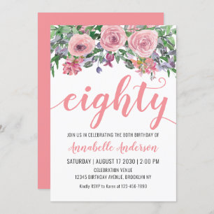 Invitation 80e anniversaire Floral Blush Rose Aquarelle Rusti
