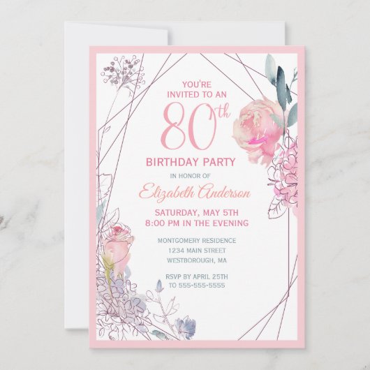 Invitation 80e anniversaire Floral Blush Rose Watercolor Part (Devant)