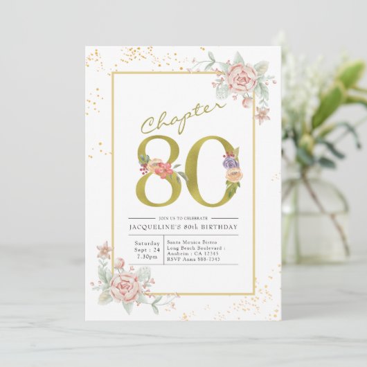 Invitation 80e anniversaire Floral Gold Script (Debout devant)