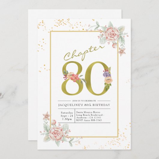 Invitation 80e anniversaire Floral Gold Script (Devant / Derrière)