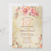 Invitation 80e anniversaire Floral rose Roses Gold Shimmer Pa (Devant)