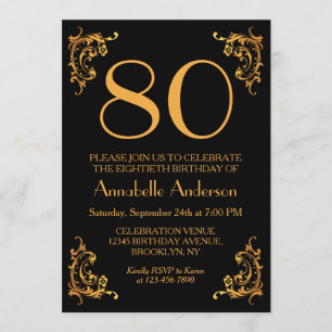 Invitation 80e anniversaire Glam Modern Gold Black Vintage Ré
