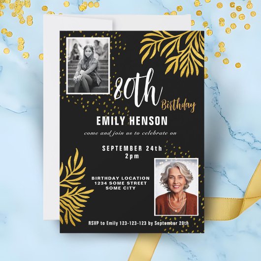 Invitation 80e anniversaire Gold Foliage 2 Photo Party