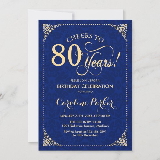 Invitation 80e anniversaire - Gold Navy Damask (Devant)