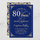 Invitation 80e anniversaire - Gold Navy Damask (Devant / Derrière)