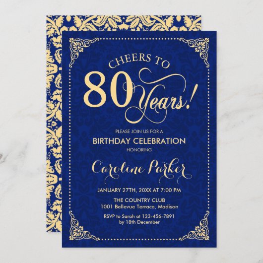 Invitation 80e anniversaire - Gold Navy Damask (Devant / Derrière)