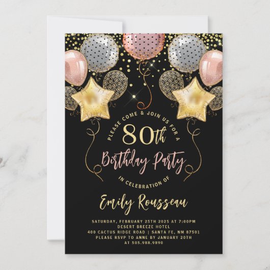 Invitation 80e anniversaire Gold Parties scintillant Ballons (Devant)