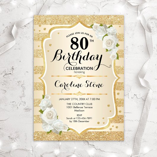 Invitation 80e anniversaire - Gold Stripes Roses blanches
