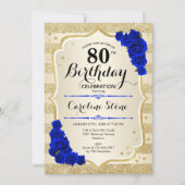 Invitation 80e anniversaire - Gold Stripes Royal Blue Roses (Devant)