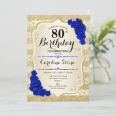Invitation 80e anniversaire - Gold Stripes Royal Blue Roses (Debout devant)