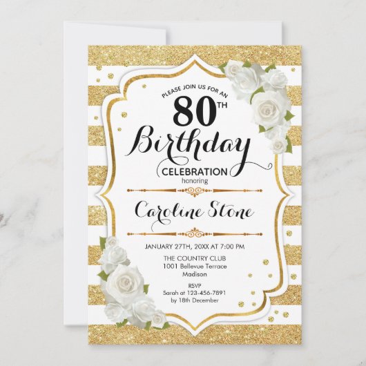 Invitation 80e anniversaire - Gold White Stripes Rose (Devant)