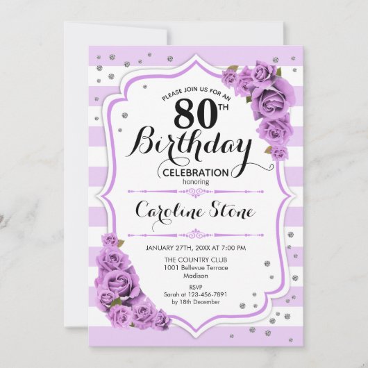 Invitation 80e anniversaire - Lavande Blanc Fleurs pourpres (Devant)