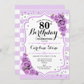 Invitation 80e anniversaire - Lavande Blanc Fleurs pourpres (Devant / Derrière)