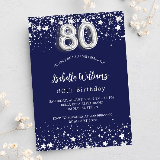 Invitation 80e anniversaire marine bleu argent étoiles luxe