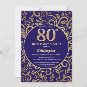 Invitation 80e anniversaire Marine bleu et or modèle floral
