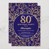 Invitation 80e anniversaire Marine bleu et or modèle floral (Devant / Derrière)