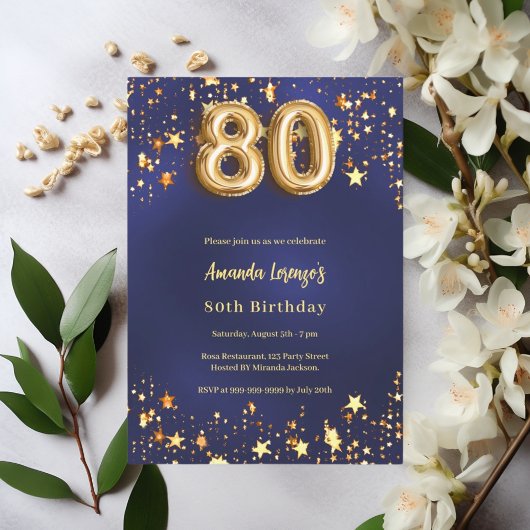 Invitation 80e anniversaire marine bleu or étoiles