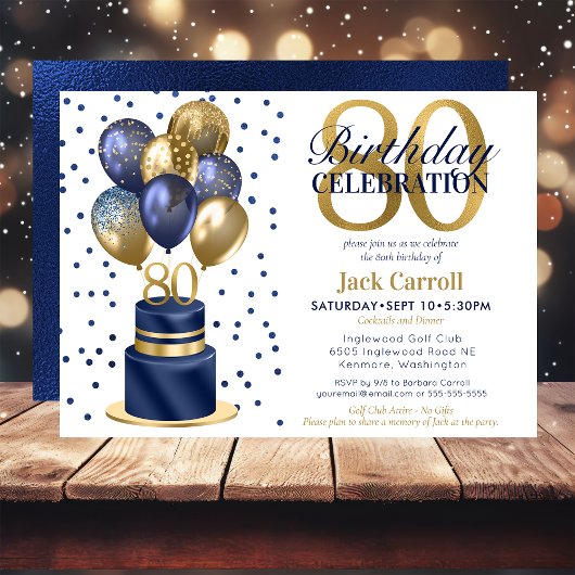 Invitation 80e anniversaire Marine Blue Balloon Cake