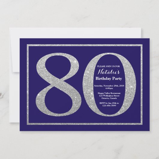 Invitation 80e anniversaire Marine Parties scintillant bleue  (Devant)